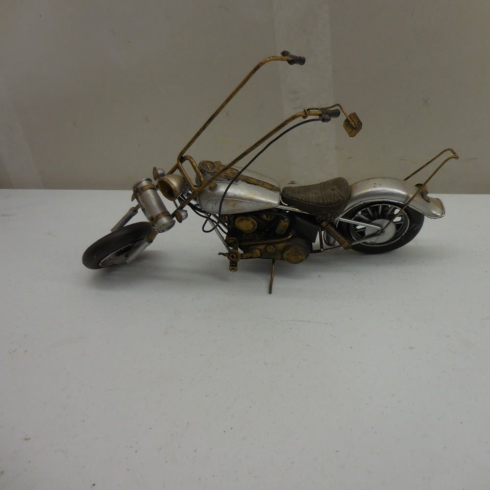 Vintage Metal Motorcycle Chopper Sculpture Silver Gold Tone Decorative Model 11"